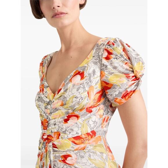 Cinq à Sept Walker Floral Midi Dress Size 6 Puff Sleeve Ruched Ivory Multi - Picture 4 of 13